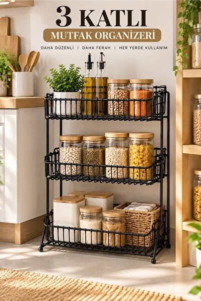 Kitchen Beauty 3 Katlı Metal Mutfak Banyo Düzenleyici Raf Sebzelik – Siyah Ço...