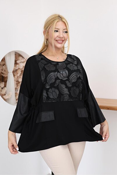 Siyezen Plus Size Oversized Blouse with Leather and Embroidery Details