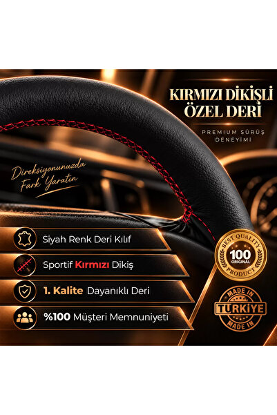 Fixelora Fiat Egea Uyumlu Dikmeli Deri Direksiyon Kılıfı - Siyah - Kırmızı Dikiş