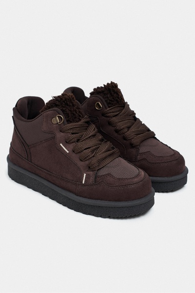 NİŞANTAŞI SHOES Lamby Bitter Kahve Süet Kürk Detay Bağcıklı Kalın Taban Kadın Sneaker Bot
