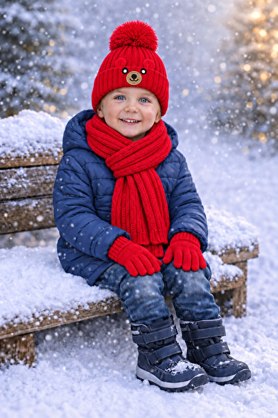 Tk Spor 6-12 Years Old Children's Cotton Scarf, Beanie and Glove Set with Ted...
