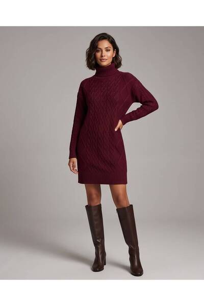 Trend Kapında Women's Turtleneck Knitted Patterned Knitwear Tunic Dress