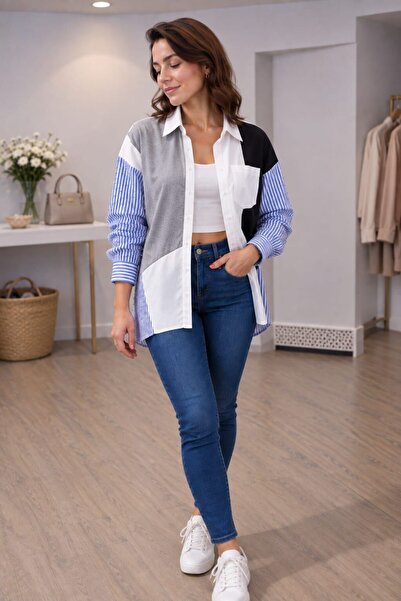 MARE BUTİK Stone Detailed Colorblock Oversize Shirt