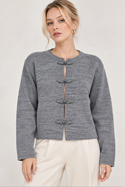 Lusin Women's Anthracite Special Design Authentic Button Detailed Crew Neck K...