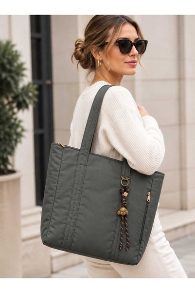 EG BAGS Hobo Yan Cepli Charmlı Tote Çanta Haki