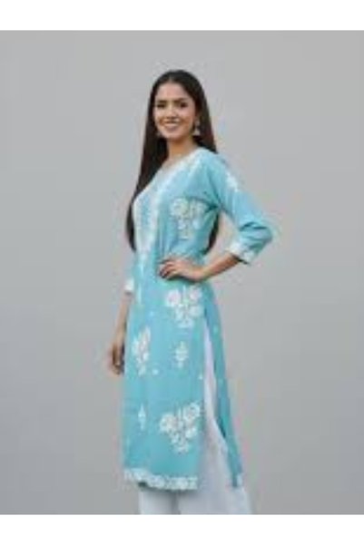 MYSMAR Blue Pure Cotton Embroidered Kurta Set - FFT8069 | Blue-Size-6XL-52-In...