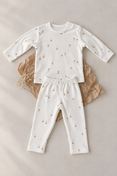 Luppinos Floral Printed 100% Cotton Snap Fastener Baby Top and Bottom Set