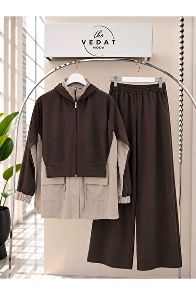 MODA VEDAT Women's Hooded Zippered Cardigan Detailed Set -0950