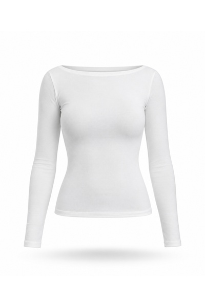 5in1Canpolat Ecru Boat Neck Long Sleeve T-Shirt 2517
