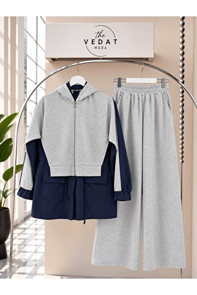 MODA VEDAT Women's Hooded Zippered Cardigan Detailed Set -0950