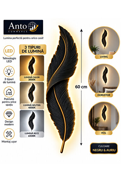 OEM Διακοσμητικό Φωτιστικό Τοίχου LED 60 εκ., Μαύρο & Επιχρυσωμένο, 3 Τύποι Φ...