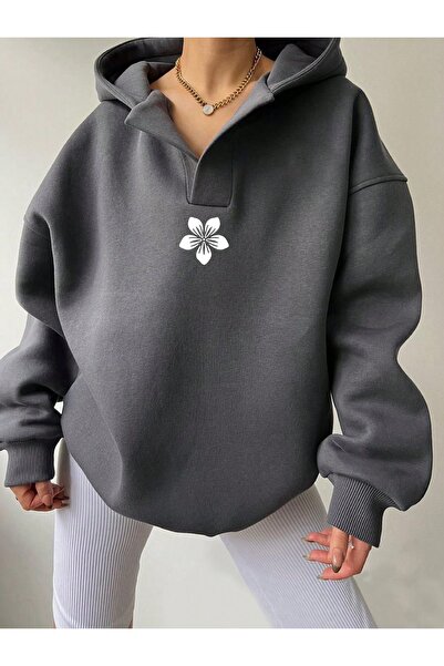 Deocept Unisex V-Yaka Kapüşonlu Basic Baskılı Rahat Kalıp Sweatshirt