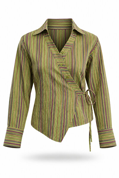 5in1Canpolat Green Asymmetrical Tie-Dye Detailed Shirt 3307