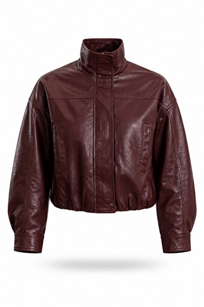 5in1Canpolat Burgundy Faux Leather Bomber Jacket 100020