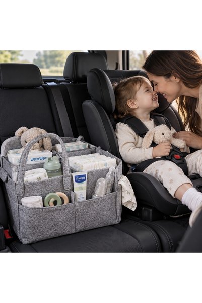 OEM Geanta de Depozitare pentru Produse Cosmetice Bebe cu Buzunare & Manere din Pasla Gri 33x23x18cm