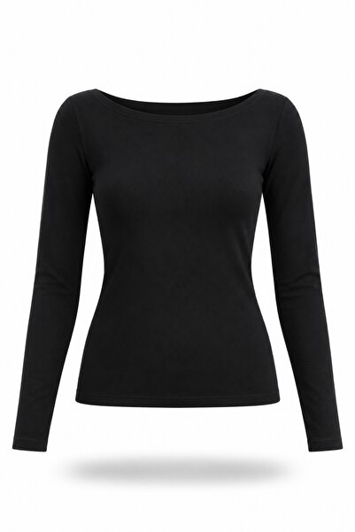 5in1Canpolat Black Boat Neck Long Sleeve T-Shirt 2517