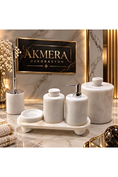 AKMERA Kendinden Kulplu %100 Gerçek Mermer Banyo Seti