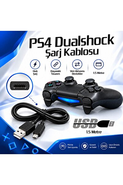POPKONSOL PS4 DualShock Şarj Kablosu 1.5 Metre Micro USB Oyun Kolu Şarj ve Da...