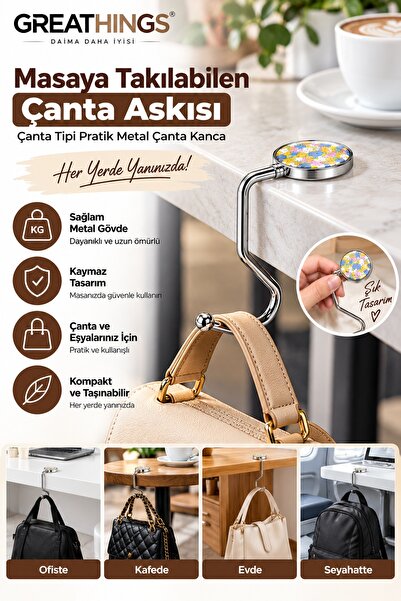 Greathings 9 cm Paslanmaz Çelik Masa Çanta Askısı 5 kg Taşıma Kapasiteli Kaym...