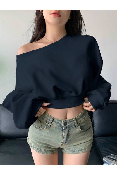 poswicon Navy Blue Loose Fit Women's Solid Color Asymmetrical Collar Long Sle...