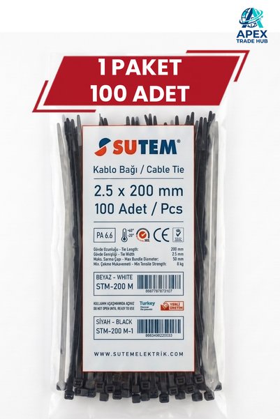 Siyah Kablo Bağı Cırt Kelepçe 2.5 x 200 mm 100 Adet