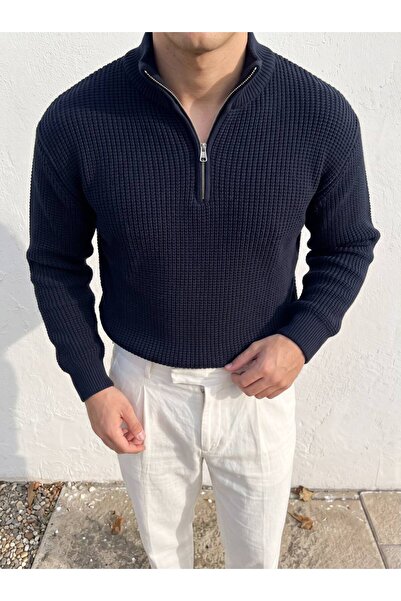 Gambocci Men's High-Neck Zippered Thick Knitwear Acrylic Sweater