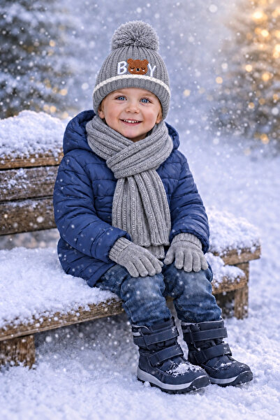Tk Spor 6-12 Years Old Children's Cotton Scarf, Beanie and Glove Set with Ted...