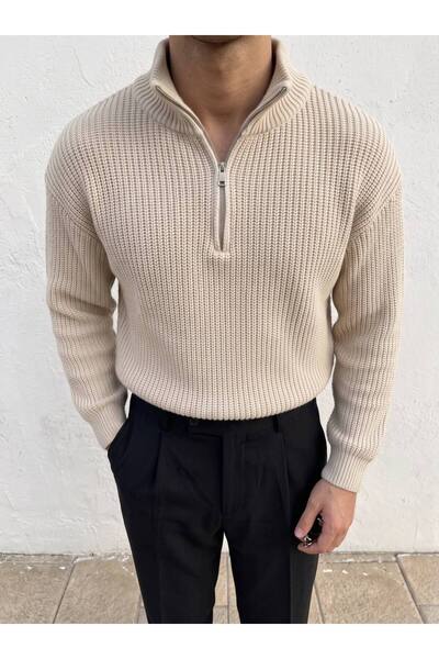 Gambocci Men's High-Neck Zippered Thick Knitwear Acrylic Sweater