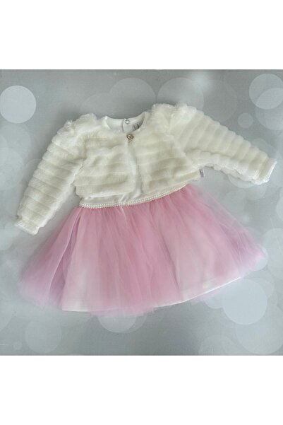 QÜNİ BEBE BEYAZ PELUŞ MONTLU TÜTÜ ELBİSE TAKIMI
