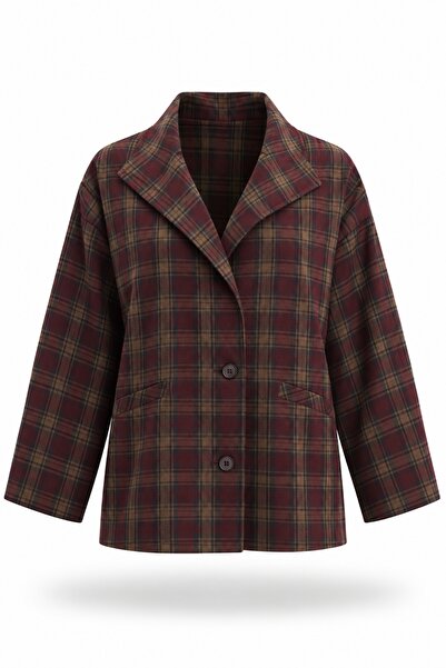 5in1Canpolat Burgundy Plaid Pattern Stand Collar Jacket 9826