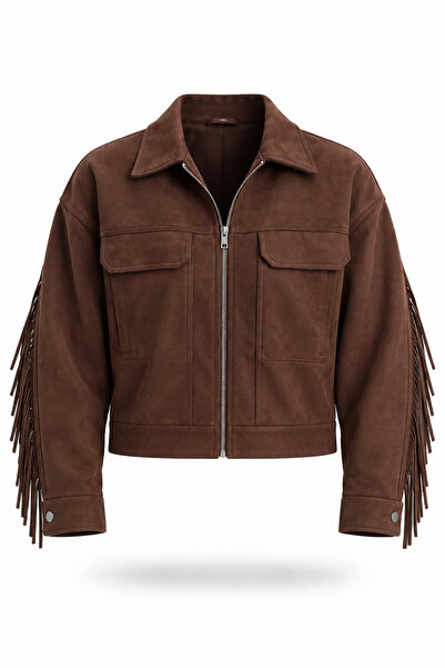 5in1Canpolat Brown Tassel Detailed Suede Jacket 7105