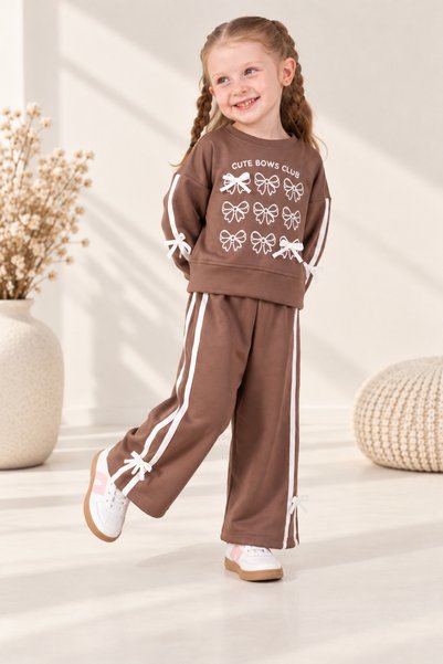Lumia Baby Girl's Bow Detailed Striped Sweatshirt with Wide-Legged Trousers 2-Piece Set 2-3-4-5 Years Old Pink Claret Red Brown