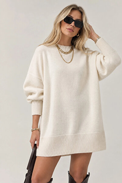 Lusin Women's Ecru Crew Neck Oversize Balloon Sleeve Long Knitwear Sweater Tunic