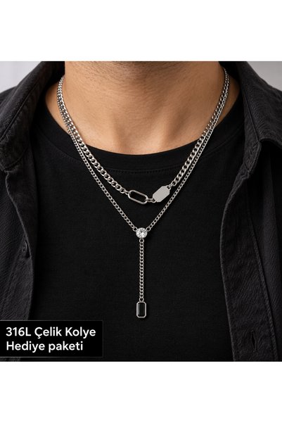 HER ŞEY NOTA www.herseynota.com Men's Double Chain Necklace with Black Rectan...