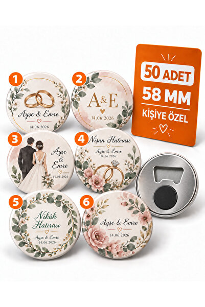 Kişiye Özel Düğün Nişan Nikâh Açacak Magnet 58 mm 50 Adet