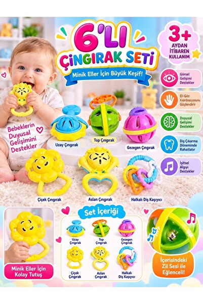 BYCEGU 6’lı Eğitici Bebek Çıngırak ve Diş Kaşıyıcı Seti – Renkli Gelişim Oyun...