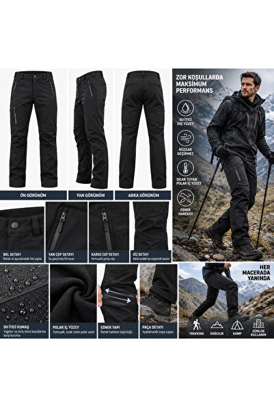 ÇİL TEKSTİL Erkek kışlık içi polarlı Su/Rüzgar geçirmez softshell pantolon si...