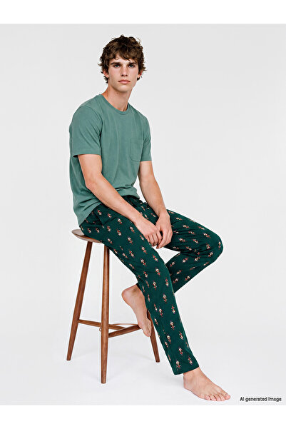 LC Waikiki Nevavm Green Combed Cotton Patterned Men's Pajama Bottoms with a D...