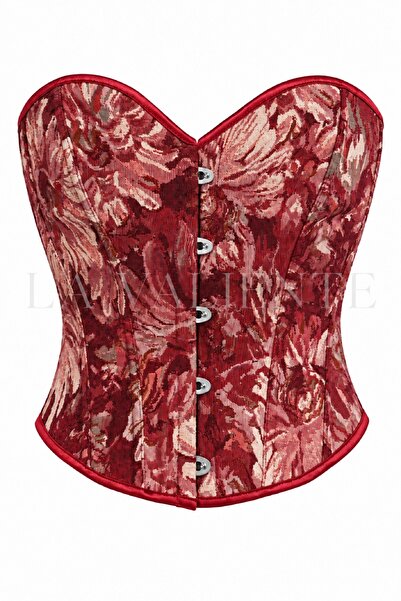 LA VALİENTE Vintage – Pastel Kırmızı Tonlu Çiçek Desenli Balenli Straplez Bağ...
