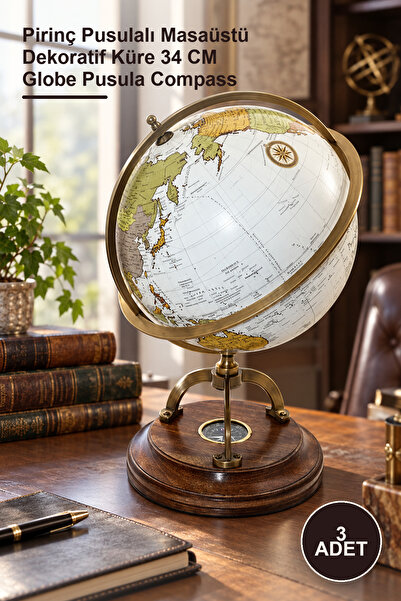 Yenilig 3 Adet Dünya Küre – Pirinç Pusulalı Masaüstü Dekoratif Küre 34 CM Globe Pusula Compass