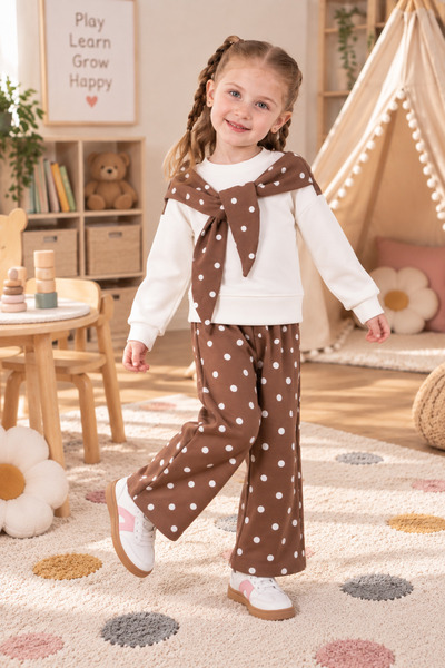 Lumia Baby Girl's Polka Dot Wide-Leg Pants Cotton Sweatshirt Set 2-3-4-5 Years Old Pink - Purple