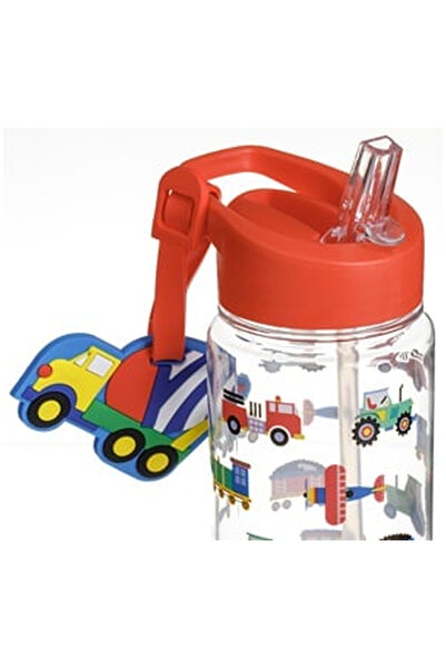 OEM Red Flip Top Water Bottle with Vehicle Pattern & Label for Kids 440ml