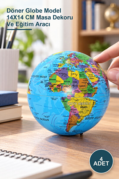4 Adet Masa Üstü Dönen Dünya Küre – Döner Globe Model 14X14 CM Masa Dekoru Ve Eğitim Aracı