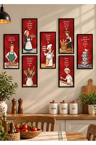 NT Handmade 7 Parça Mutfak Aşçı Temalı Tablo Seti 10x20 cm Çerçeve Görünümlü ...