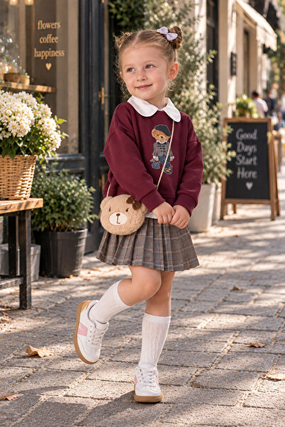Lumia Baby Girl's Teddy Bear Printed Collared Sweatshirt, Pleated Shorts, Ski...