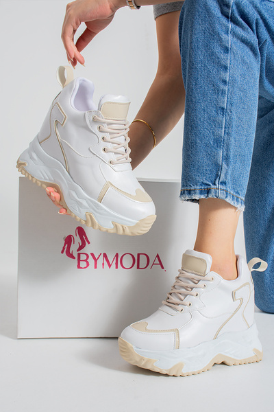 Bymoda New Season White Beige Hidden Wedge Heeled Sneakers Heel Height Total 10 cm