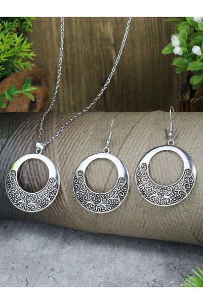 Choice 23072619 Vintage Ethnic Style Silver Pendant Earrings Necklace Set Rou...