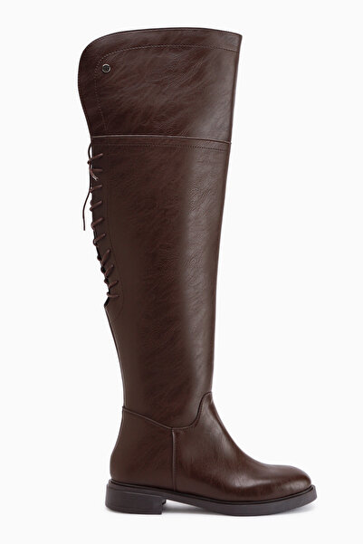 Limoya Monie Brown Lace-Up Detailed Women's Over-The-Knee Boots