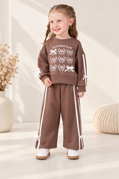 Lumia Baby Girl's Bow Detailed Striped Sweatshirt with Wide-Legged Trousers 2-Piece Set 2-3-4-5 Years Old Pink Claret Red Brown
