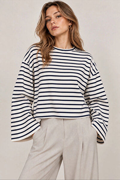 Lusin Women's Navy Blue Striped Woven Fabric Spanish Sleeve Crew Neck Blouse